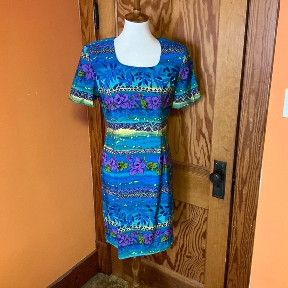 Vtg 90s colorful floral & stripes midi dress - Picture 4 of 9